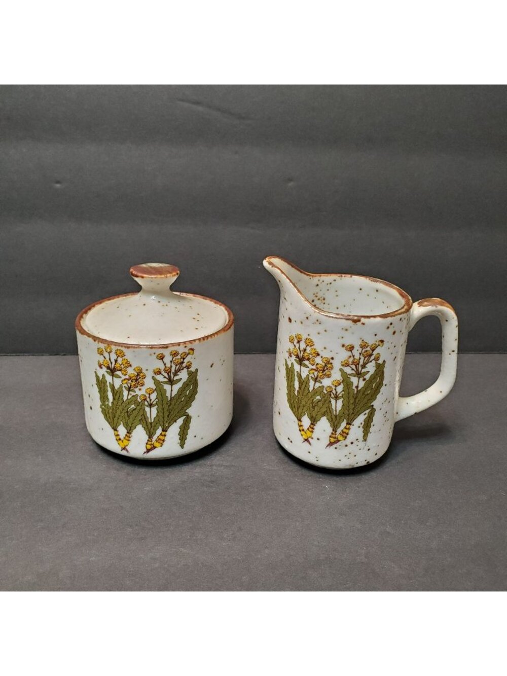 Vintage 1970s Takahashi Speckled Stoneware Creamer Sugar Bowl Yellow Wildflowers